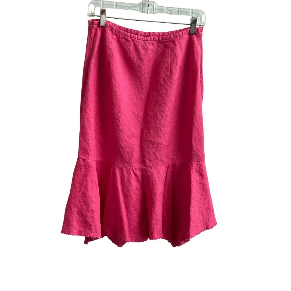 100% Linen Ann Taylor Pink Midi Skirt Crochet Trim Size 6 Romantic Feminine